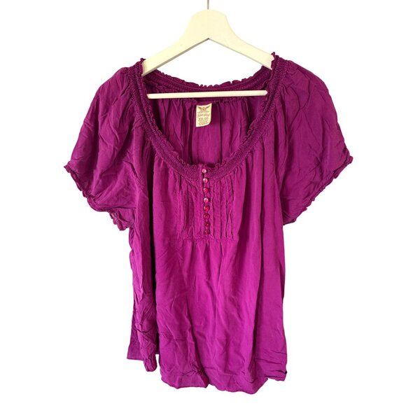 Faded Glory Magenta Smocked Blouse Plus Size XXL Womens Short Sleeve Button Top - Picture 2 of 6